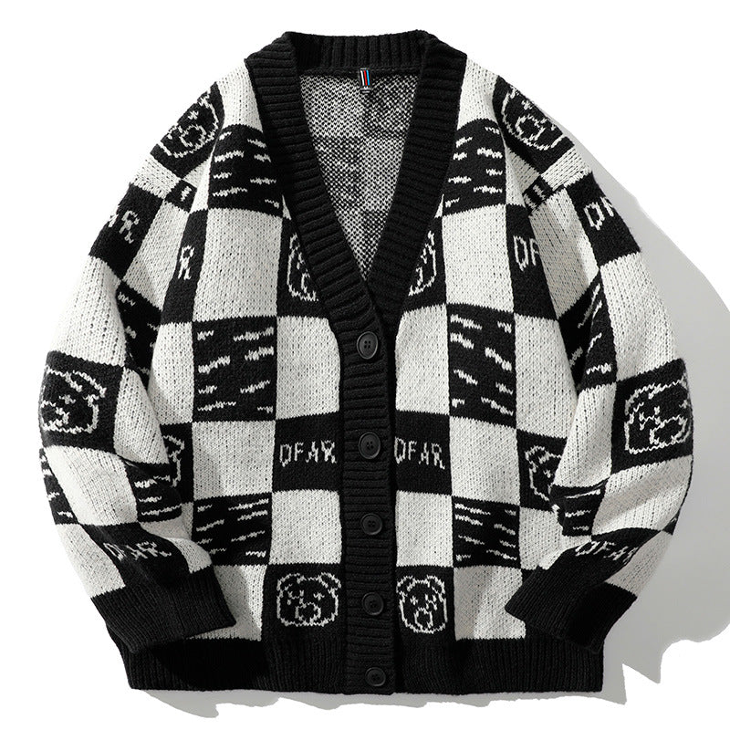 Men's Plaid Knitted Cardigan Sweater - Loose Fit Coat