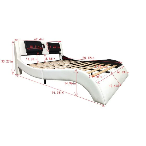 Faux Leather Upholstered Platform Bed Frame With LED Lighting, Bluetooth Connection To Play Music Control, Backrest Vibrating Massage Table Frame