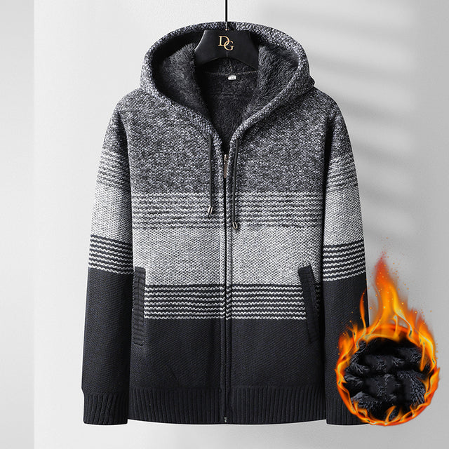 Hooded Men's Fleece Striped Cardigan Winter Jacket