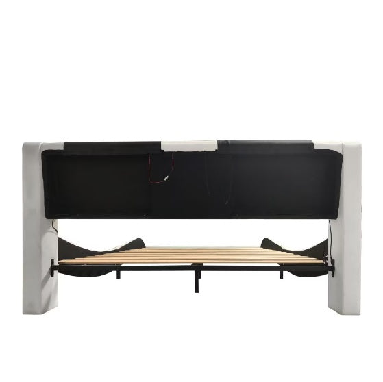 Faux Leather Upholstered Platform Bed Frame With LED Lighting, Bluetooth Connection To Play Music Control, Backrest Vibrating Massage Table Frame