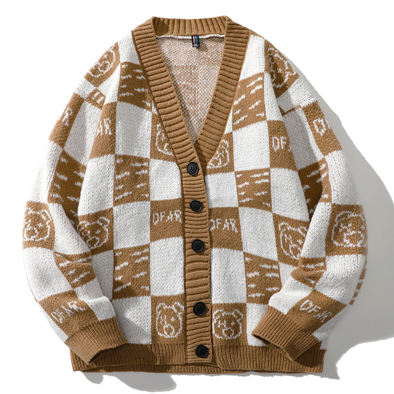 Men's Plaid Knitted Cardigan Sweater - Loose Fit Coat