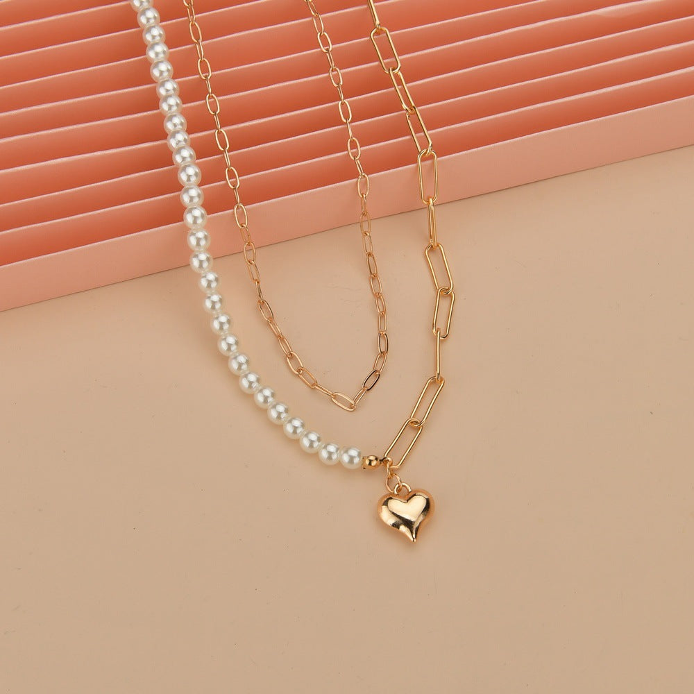 Golden Love Heart Faux Pearl Double Layer Necklace