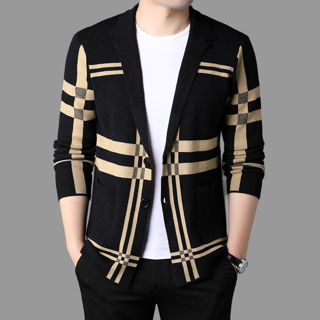 Autumn Thin Plaid Men's Knitted Cardigan