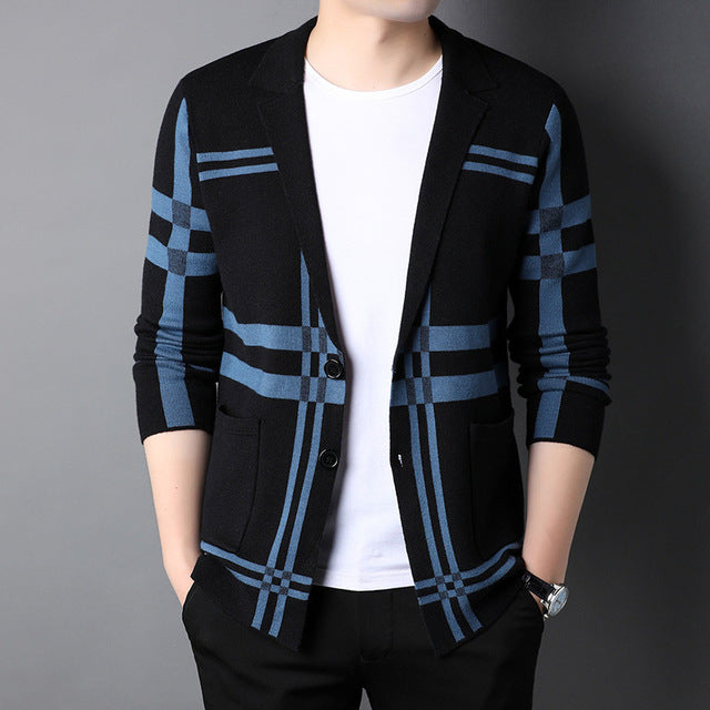Autumn Thin Plaid Men's Knitted Cardigan