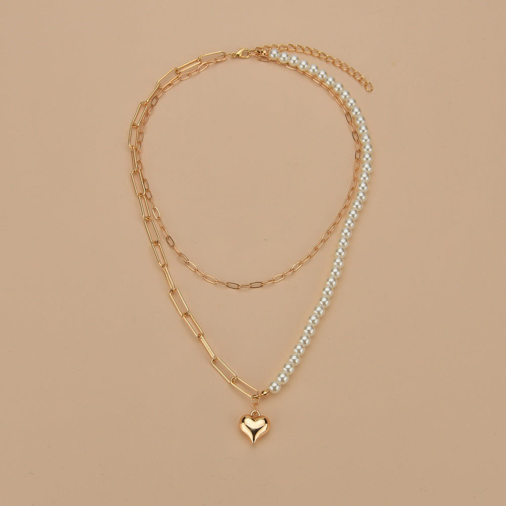 Golden Love Heart Faux Pearl Double Layer Necklace
