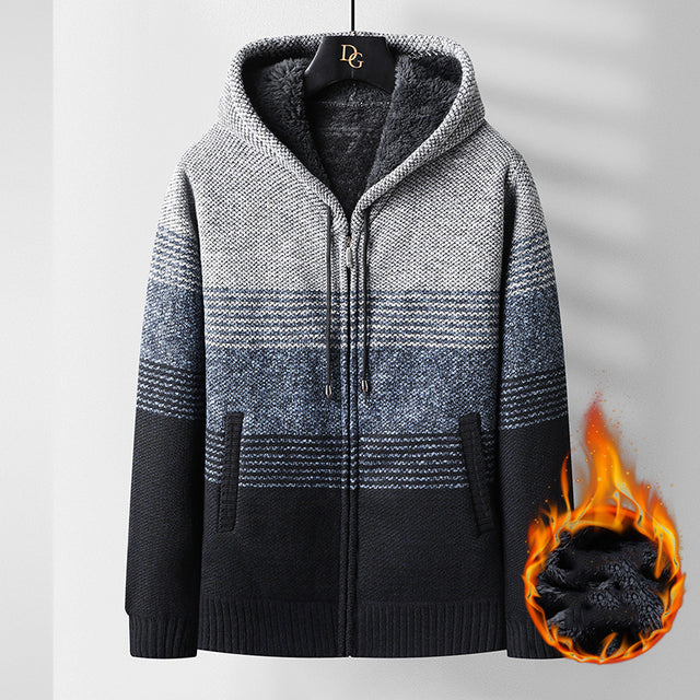 Hooded Men's Fleece Striped Cardigan Winter Jacket
