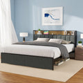 Full Bed Frame With Charging Station And LED Lights - Upholstered Headboard With Storage Shelves