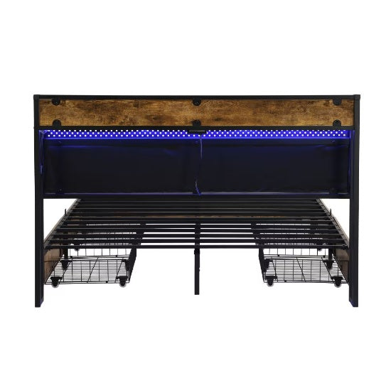 Full Size Bed Frame, Storage Headboard With Charging Station And 4 Storage Drawers,LED Lights