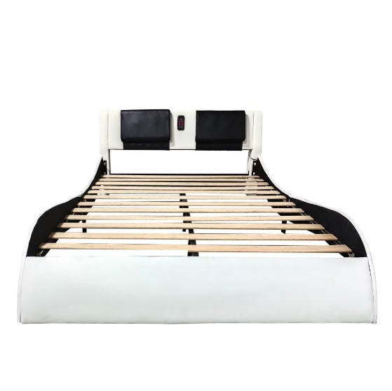 Faux Leather Upholstered Platform Bed Frame With LED Lighting, Bluetooth Connection To Play Music Control, Backrest Vibrating Massage Table Frame