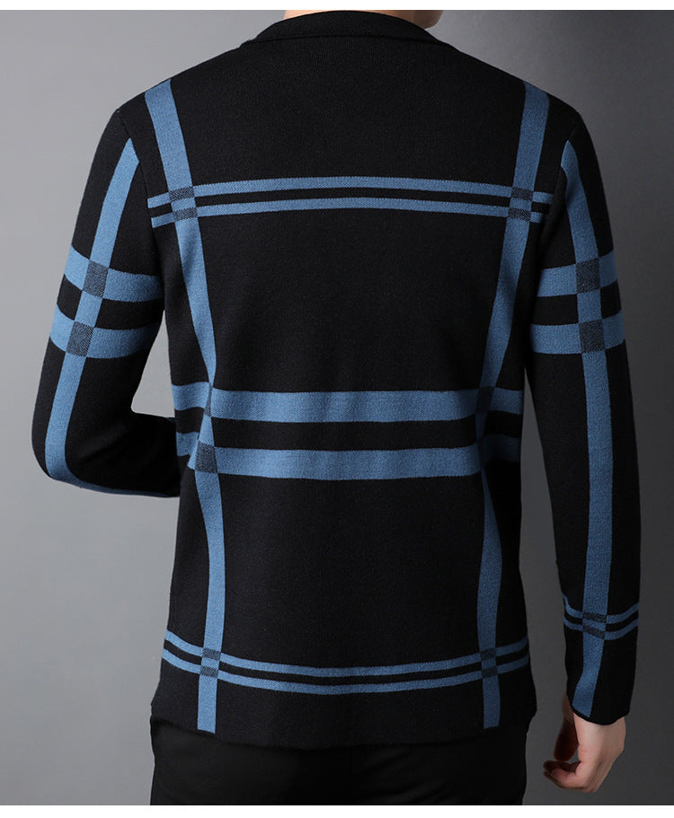 Autumn Thin Plaid Men's Knitted Cardigan